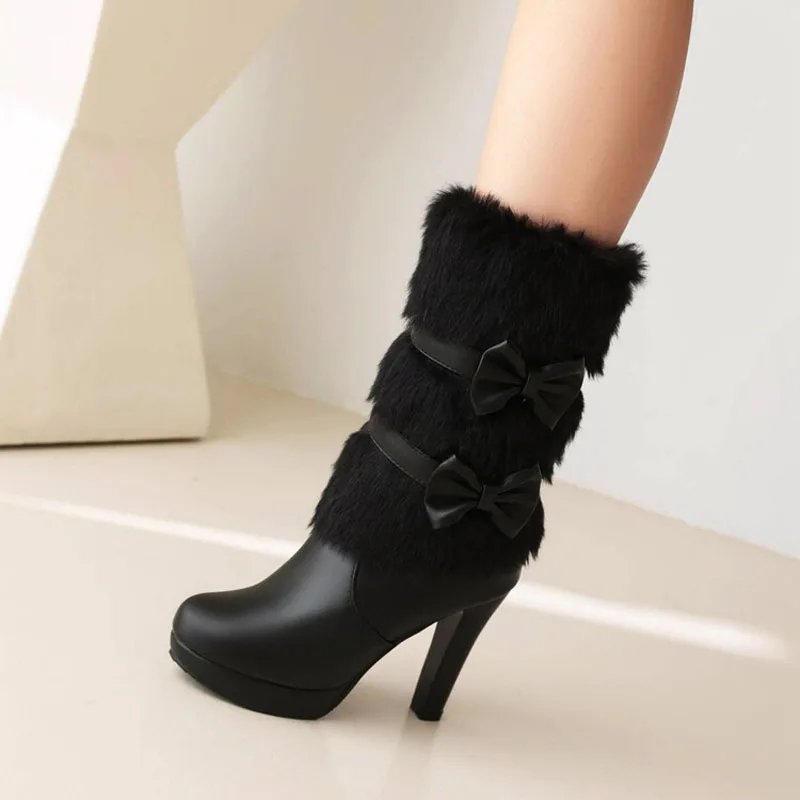 Black High Heels Mid-calf Boots for Women Faux Fur and Bow-knot Sweet White Pink Winter Women Shoes Platform Boots