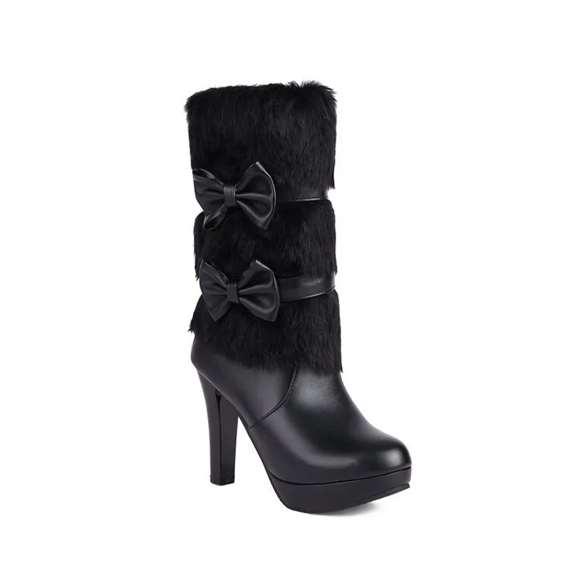 Black High Heels Mid-calf Boots for Women Faux Fur and Bow-knot Sweet White Pink Winter Women Shoes Platform Boots