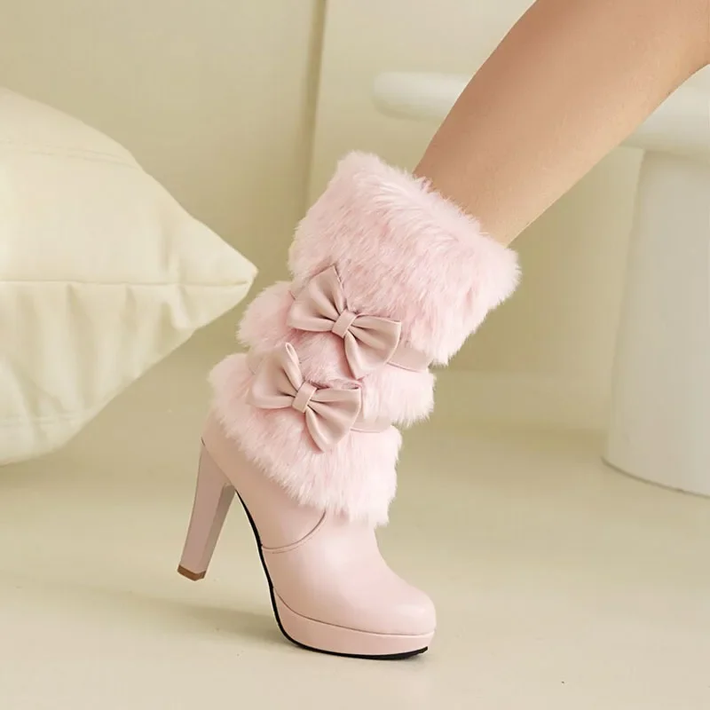 Black High Heels Mid-calf Boots for Women Faux Fur and Bow-knot Sweet White Pink Winter Women Shoes Platform Boots