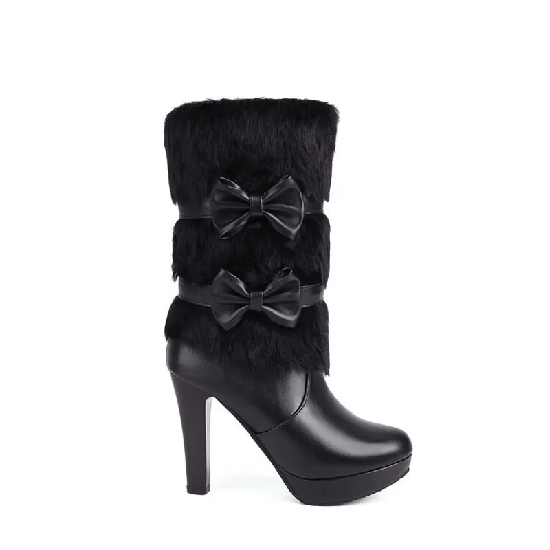 Black High Heels Mid-calf Boots for Women Faux Fur and Bow-knot Sweet White Pink Winter Women Shoes Platform Boots