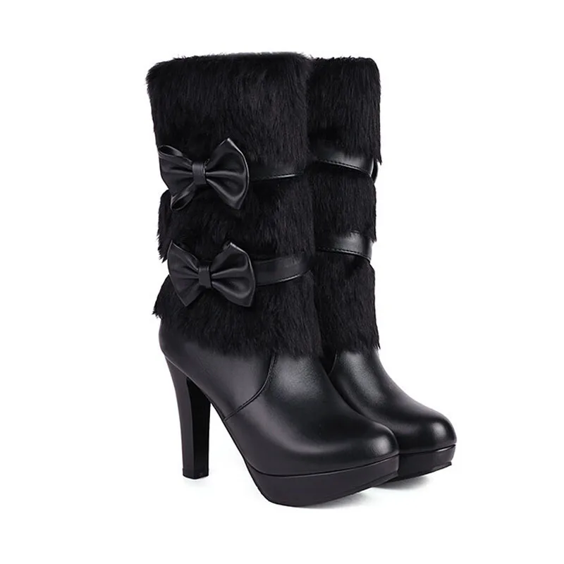 Black High Heels Mid-calf Boots for Women Faux Fur and Bow-knot Sweet White Pink Winter Women Shoes Platform Boots