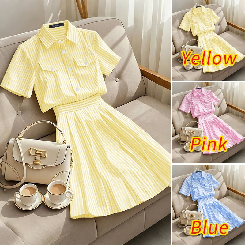 ZANZEA Womens Striped 2 Piece Skirt Sets Summer Fashion Short Sleeve Collared Shirts & Midi A-Line Skirts 2pcs Suits Outfits