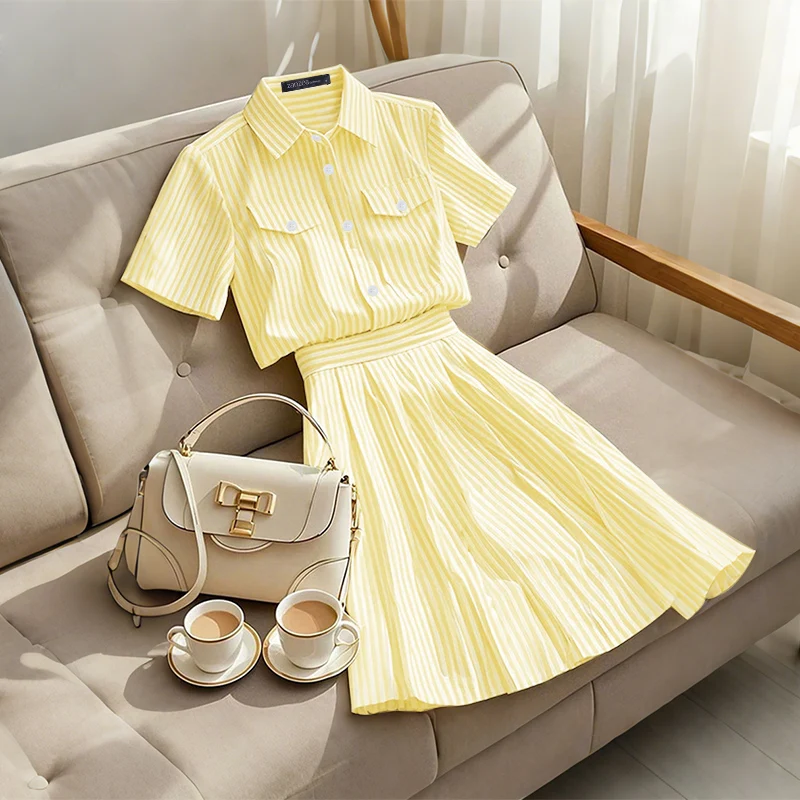 ZANZEA Womens Striped 2 Piece Skirt Sets Summer Fashion Short Sleeve Collared Shirts & Midi A-Line Skirts 2pcs Suits Outfits