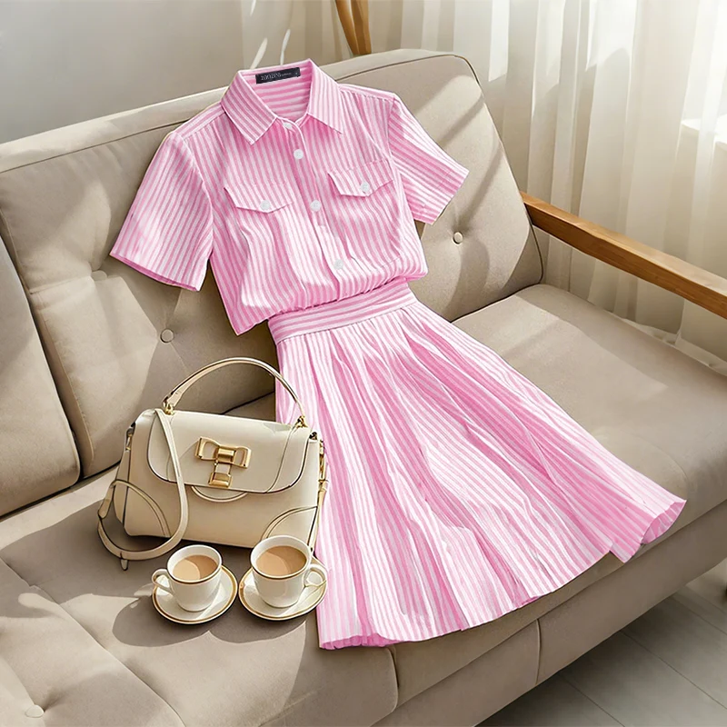 ZANZEA Womens Striped 2 Piece Skirt Sets Summer Fashion Short Sleeve Collared Shirts & Midi A-Line Skirts 2pcs Suits Outfits