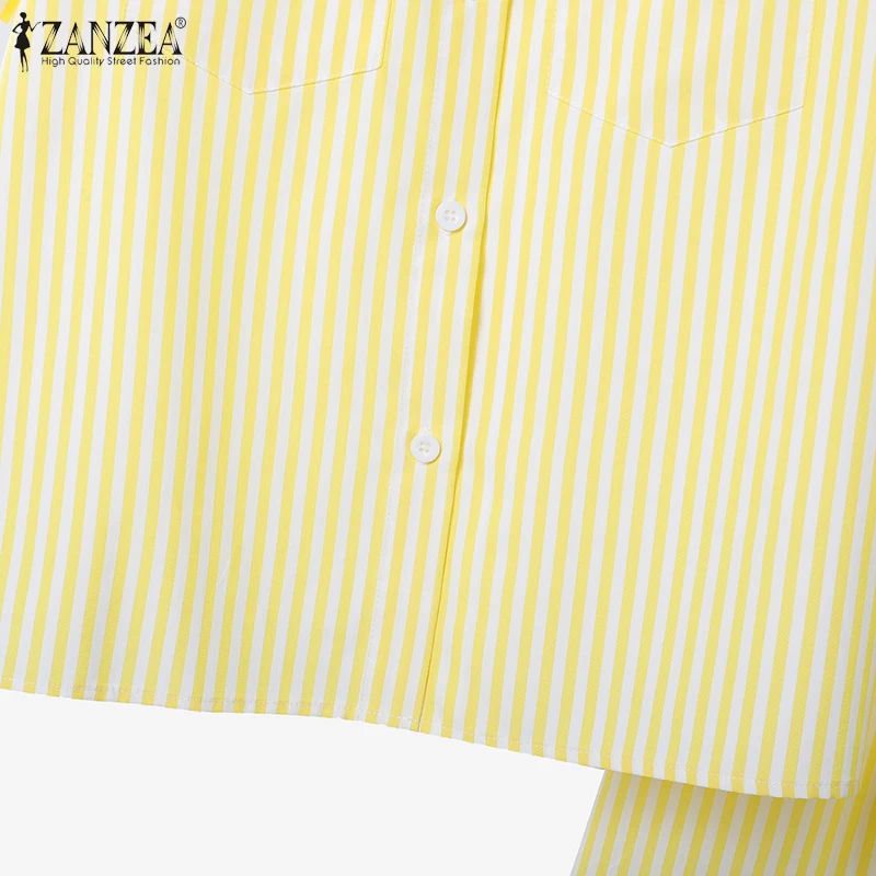 ZANZEA Womens Striped 2 Piece Skirt Sets Summer Fashion Short Sleeve Collared Shirts & Midi A-Line Skirts 2pcs Suits Outfits