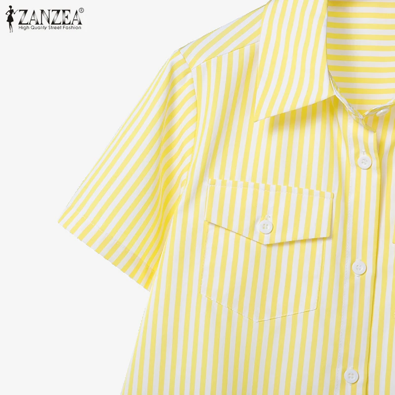 ZANZEA Womens Striped 2 Piece Skirt Sets Summer Fashion Short Sleeve Collared Shirts & Midi A-Line Skirts 2pcs Suits Outfits