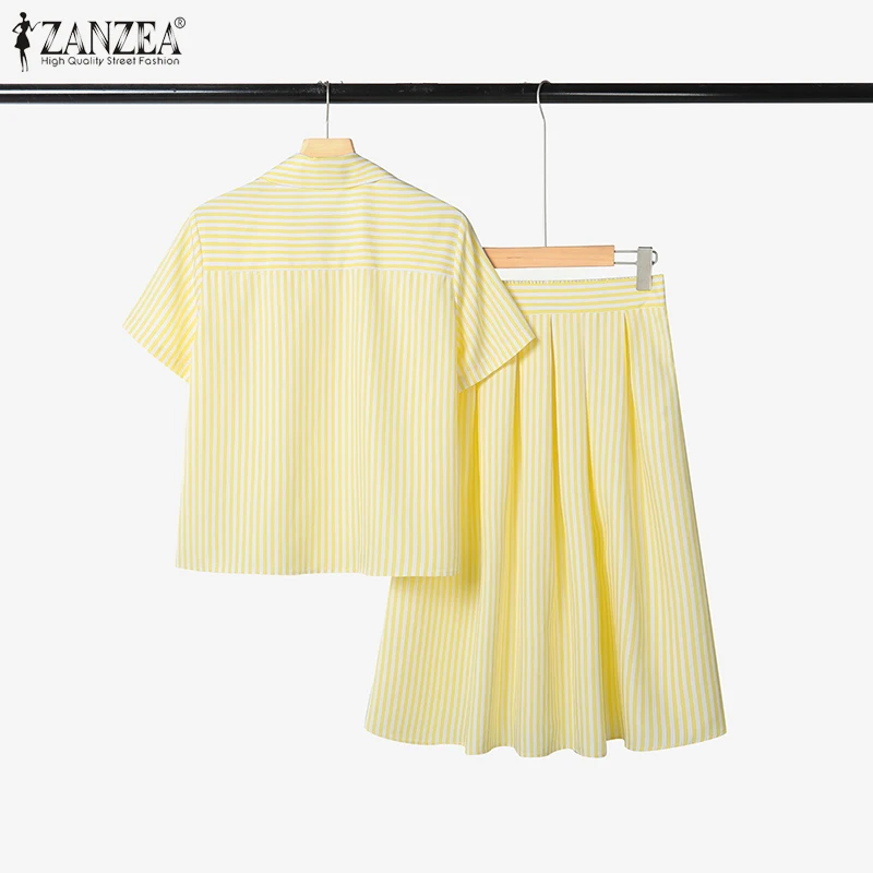 ZANZEA Womens Striped 2 Piece Skirt Sets Summer Fashion Short Sleeve Collared Shirts & Midi A-Line Skirts 2pcs Suits Outfits