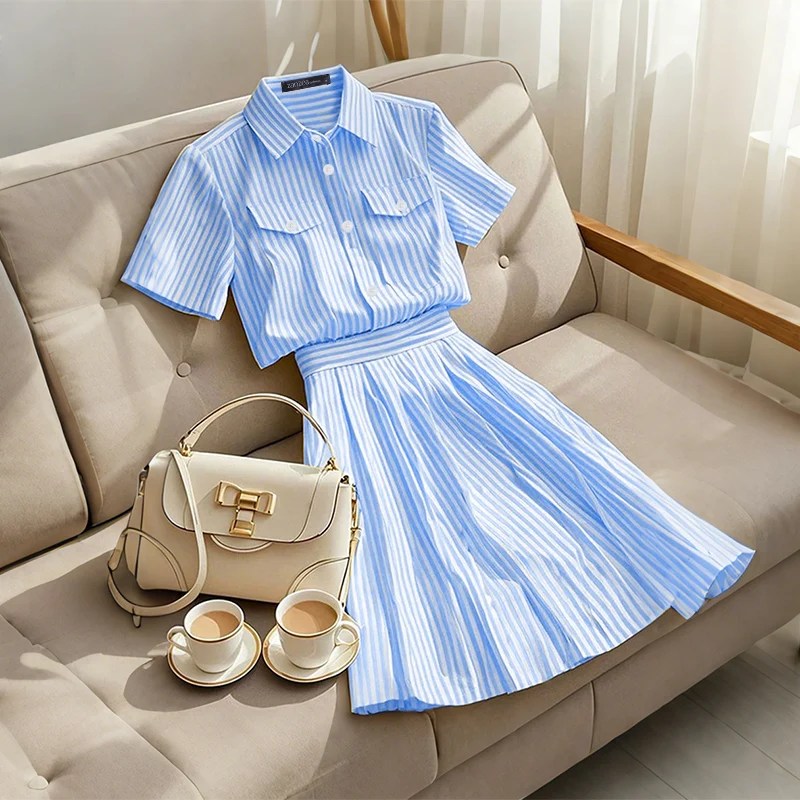 ZANZEA Womens Striped 2 Piece Skirt Sets Summer Fashion Short Sleeve Collared Shirts & Midi A-Line Skirts 2pcs Suits Outfits