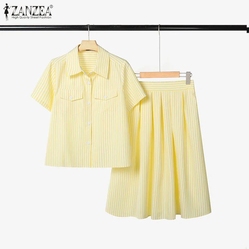 ZANZEA Womens Striped 2 Piece Skirt Sets Summer Fashion Short Sleeve Collared Shirts & Midi A-Line Skirts 2pcs Suits Outfits