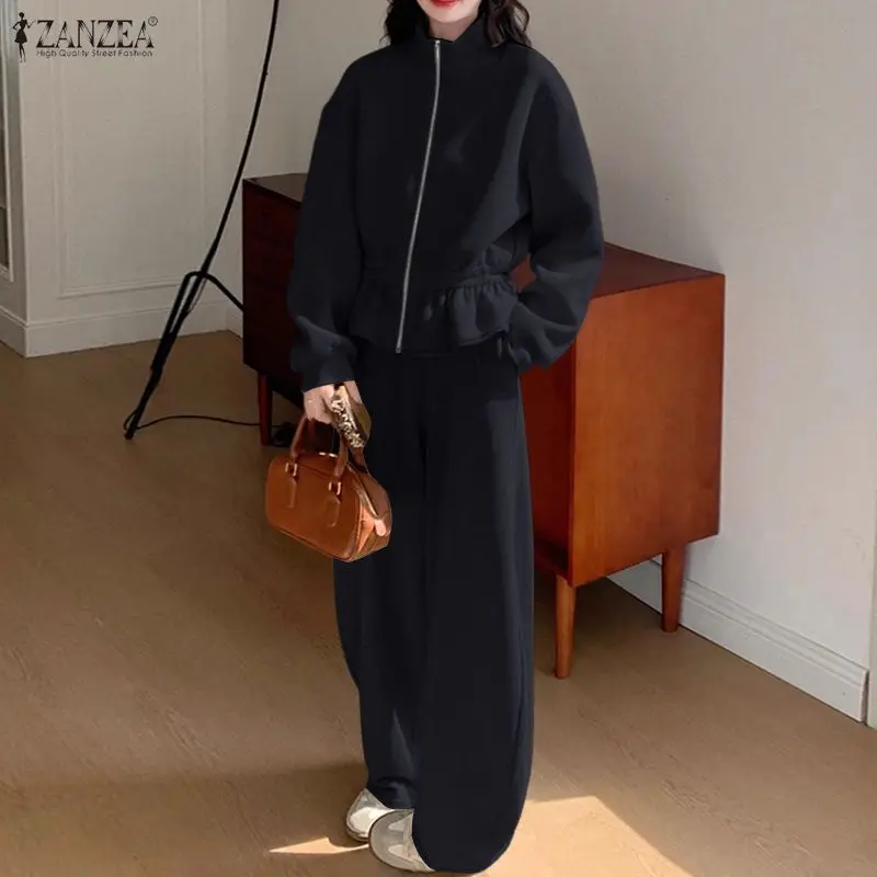 ZANZEA Minimalist Women's Pant Suits Casual Stand Collar Cinch Waist Long Sleeve Sweatshirt and Sweatpant 2 Piece Sets Outfits