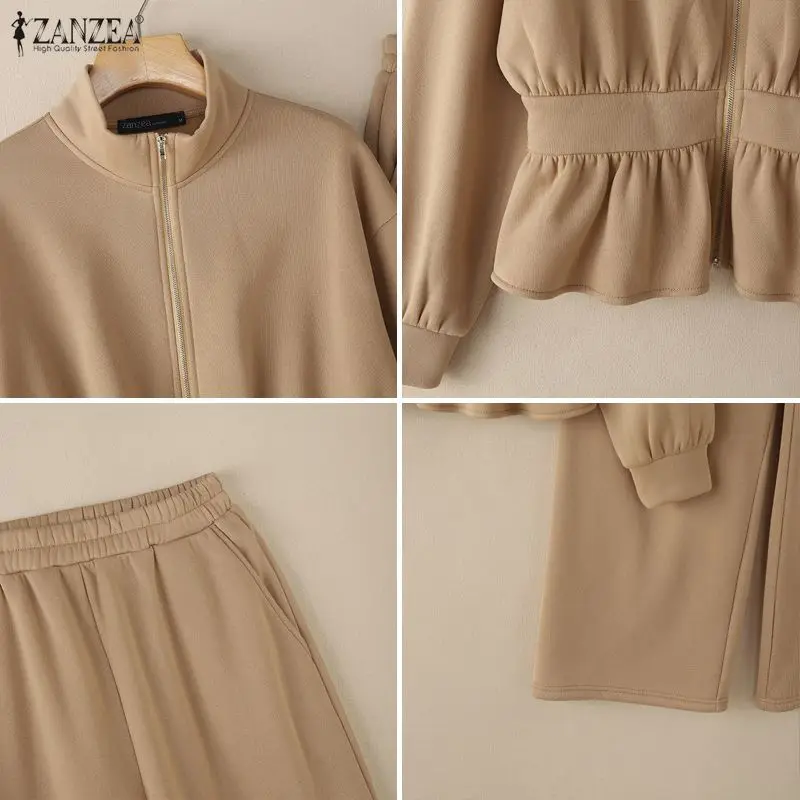 ZANZEA Minimalist Women's Pant Suits Casual Stand Collar Cinch Waist Long Sleeve Sweatshirt and Sweatpant 2 Piece Sets Outfits