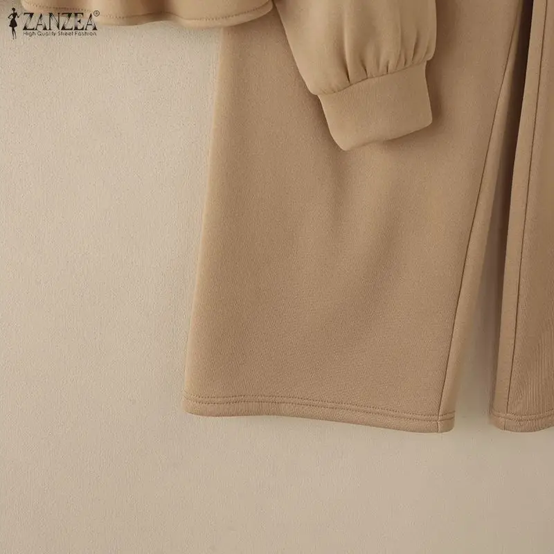 ZANZEA Minimalist Women's Pant Suits Casual Stand Collar Cinch Waist Long Sleeve Sweatshirt and Sweatpant 2 Piece Sets Outfits