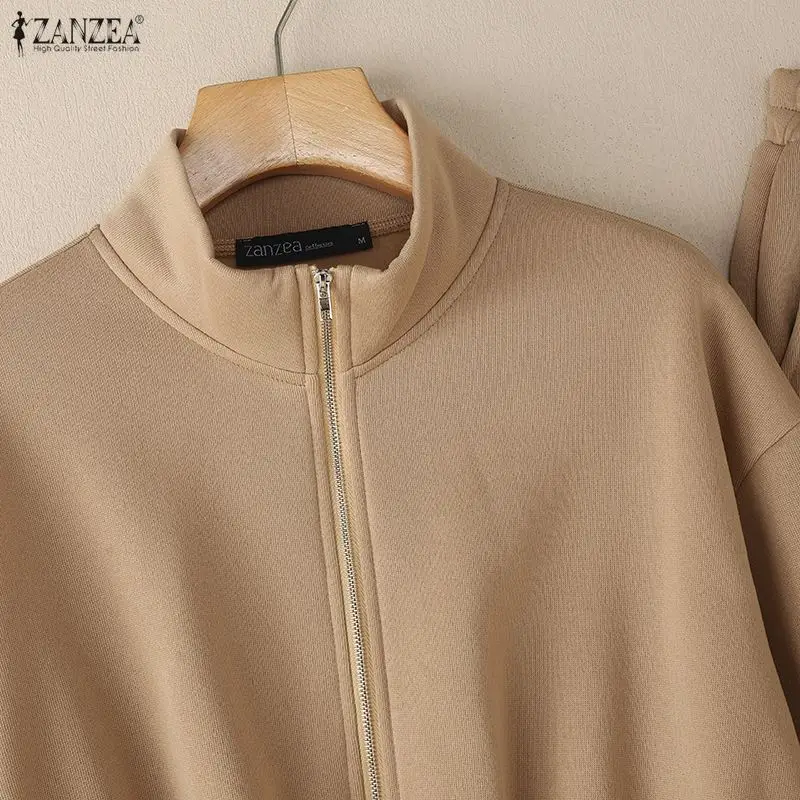 ZANZEA Minimalist Women's Pant Suits Casual Stand Collar Cinch Waist Long Sleeve Sweatshirt and Sweatpant 2 Piece Sets Outfits