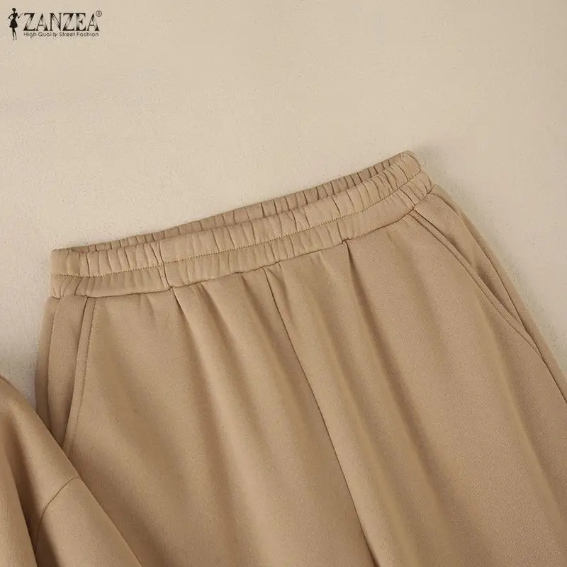 ZANZEA Minimalist Women's Pant Suits Casual Stand Collar Cinch Waist Long Sleeve Sweatshirt and Sweatpant 2 Piece Sets Outfits