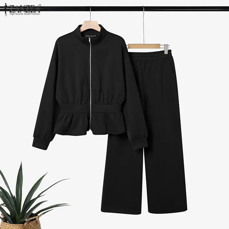 ZANZEA Minimalist Women's Pant Suits Casual Stand Collar Cinch Waist Long Sleeve Sweatshirt and Sweatpant 2 Piece Sets Outfits