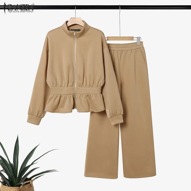 ZANZEA Minimalist Women's Pant Suits Casual Stand Collar Cinch Waist Long Sleeve Sweatshirt and Sweatpant 2 Piece Sets Outfits