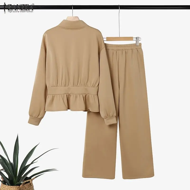 ZANZEA Minimalist Women's Pant Suits Casual Stand Collar Cinch Waist Long Sleeve Sweatshirt and Sweatpant 2 Piece Sets Outfits