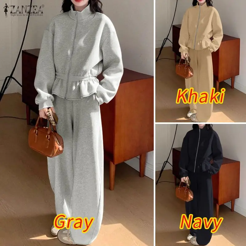 ZANZEA Minimalist Women's Pant Suits Casual Stand Collar Cinch Waist Long Sleeve Sweatshirt and Sweatpant 2 Piece Sets Outfits