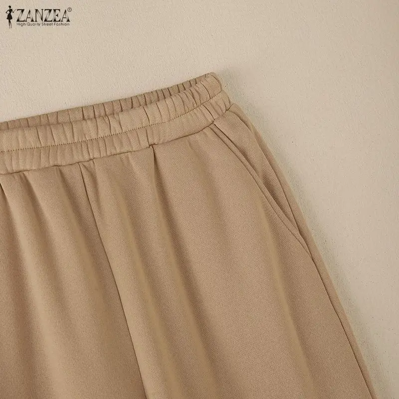 ZANZEA Minimalist Women's Pant Suits Casual Stand Collar Cinch Waist Long Sleeve Sweatshirt and Sweatpant 2 Piece Sets Outfits