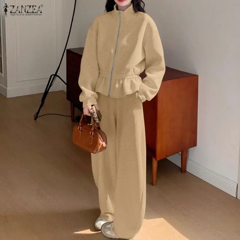 ZANZEA Minimalist Women's Pant Suits Casual Stand Collar Cinch Waist Long Sleeve Sweatshirt and Sweatpant 2 Piece Sets Outfits