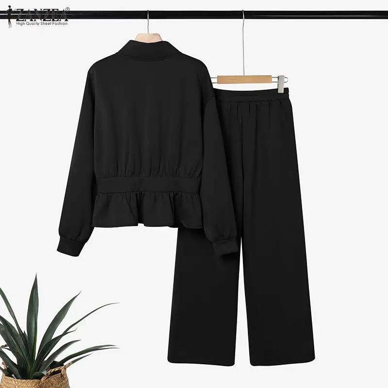 ZANZEA Minimalist Women's Pant Suits Casual Stand Collar Cinch Waist Long Sleeve Sweatshirt and Sweatpant 2 Piece Sets Outfits