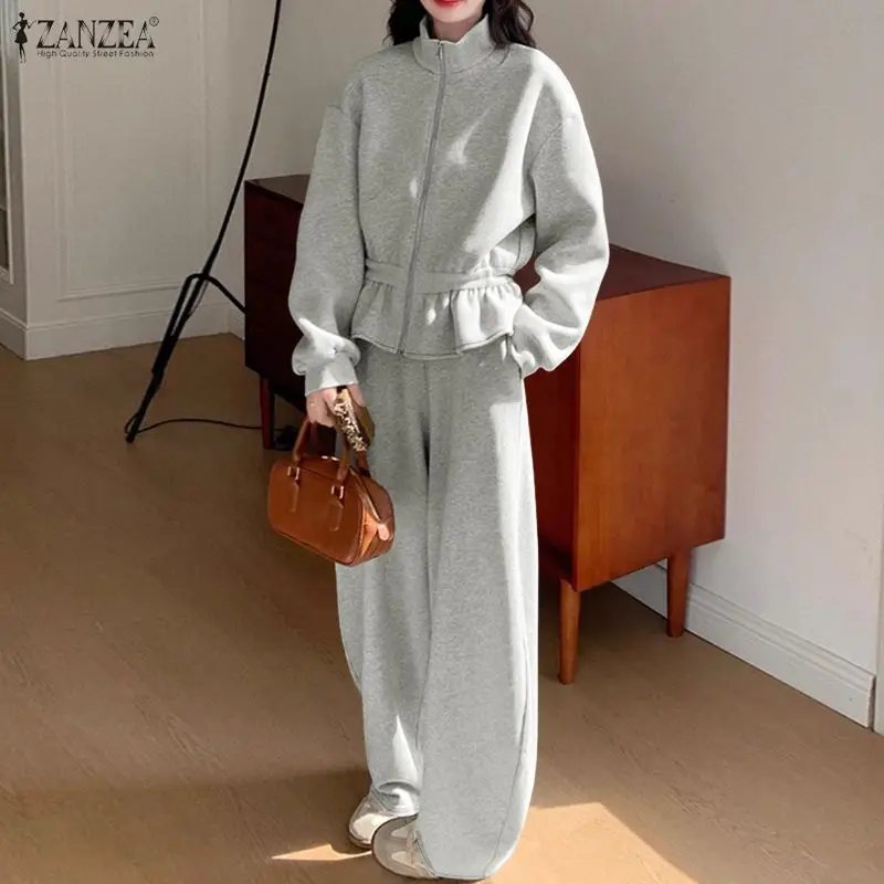 ZANZEA Minimalist Women's Pant Suits Casual Stand Collar Cinch Waist Long Sleeve Sweatshirt and Sweatpant 2 Piece Sets Outfits