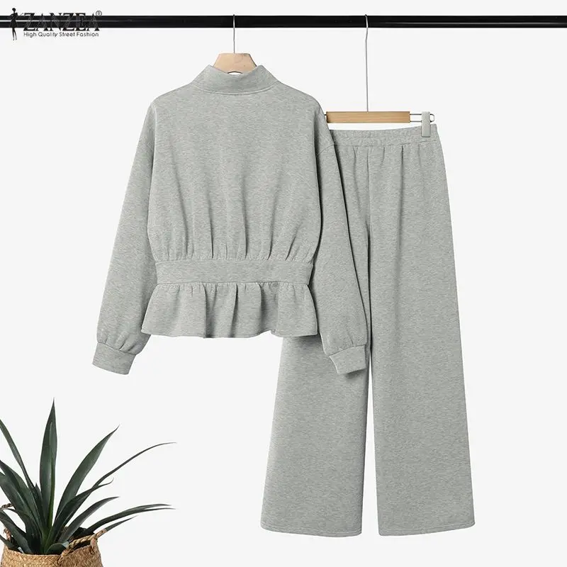 ZANZEA Minimalist Women's Pant Suits Casual Stand Collar Cinch Waist Long Sleeve Sweatshirt and Sweatpant 2 Piece Sets Outfits