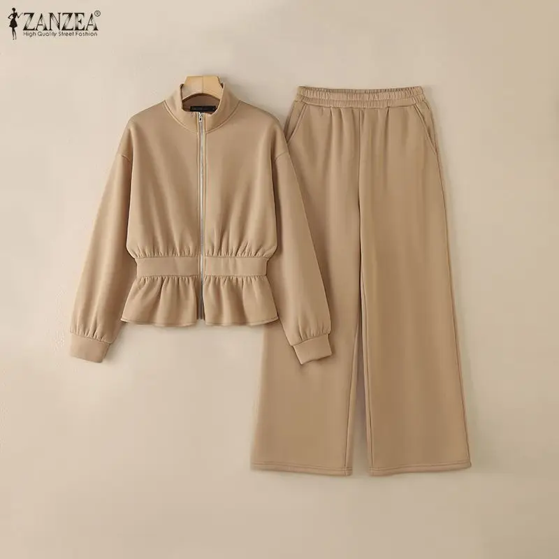 ZANZEA Minimalist Women's Pant Suits Casual Stand Collar Cinch Waist Long Sleeve Sweatshirt and Sweatpant 2 Piece Sets Outfits