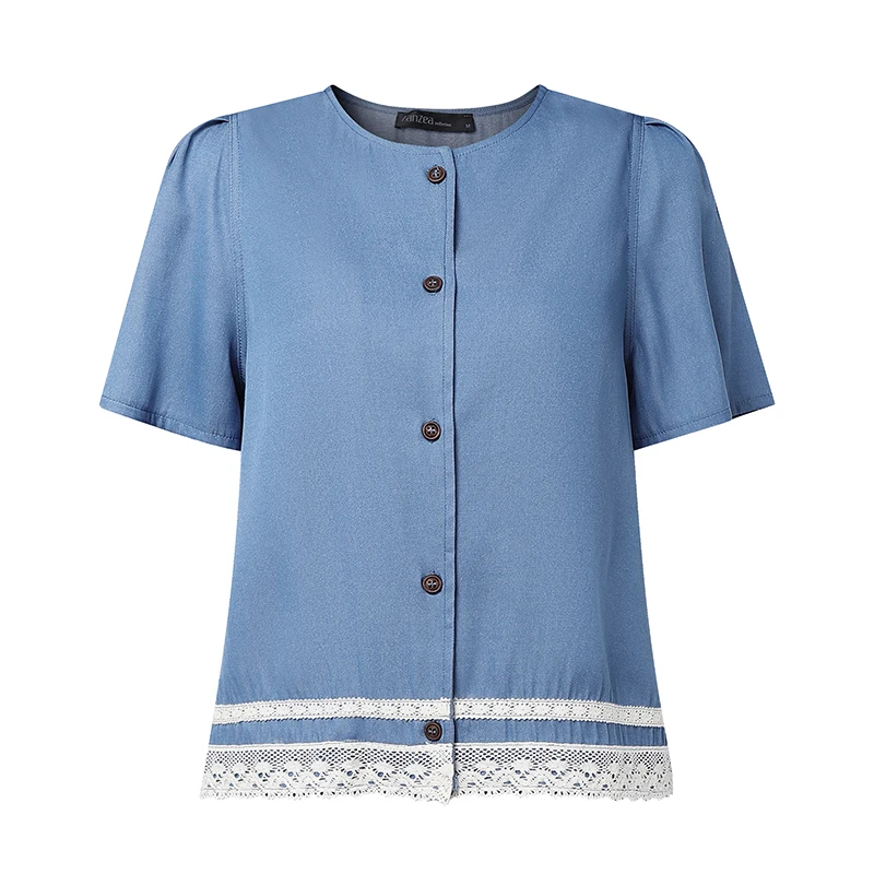 ZANZEA Fashion Denim-Like 2 Pieces Short Sets Summer O-Neck Short Sleeve Tops and Elastic Waist Shorts Lace Patchwork Outfits