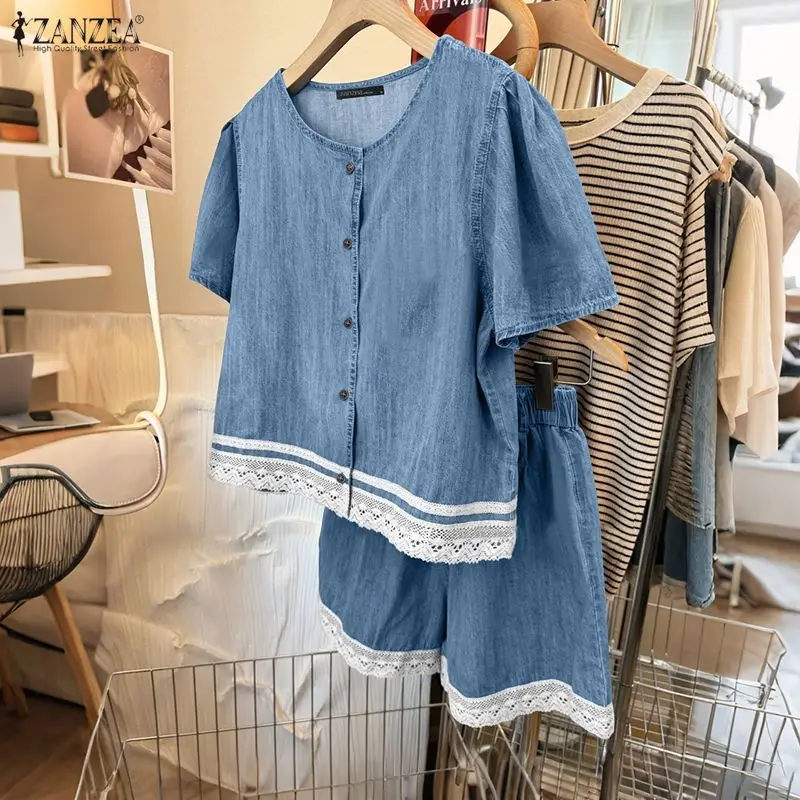 ZANZEA Fashion Denim-Like 2 Pieces Short Sets Summer O-Neck Short Sleeve Tops and Elastic Waist Shorts Lace Patchwork Outfits