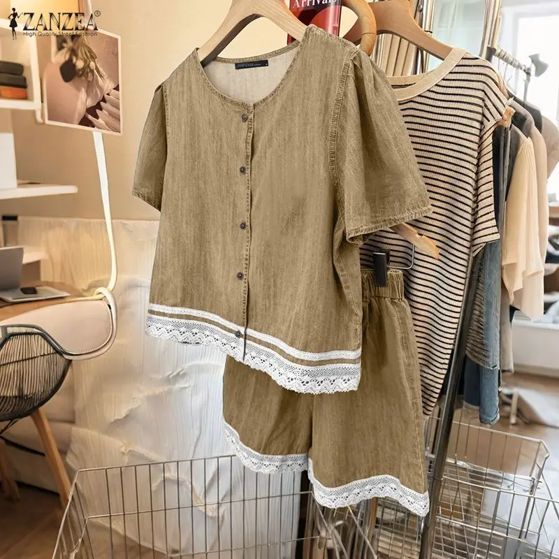 ZANZEA Fashion Denim-Like 2 Pieces Short Sets Summer O-Neck Short Sleeve Tops and Elastic Waist Shorts Lace Patchwork Outfits
