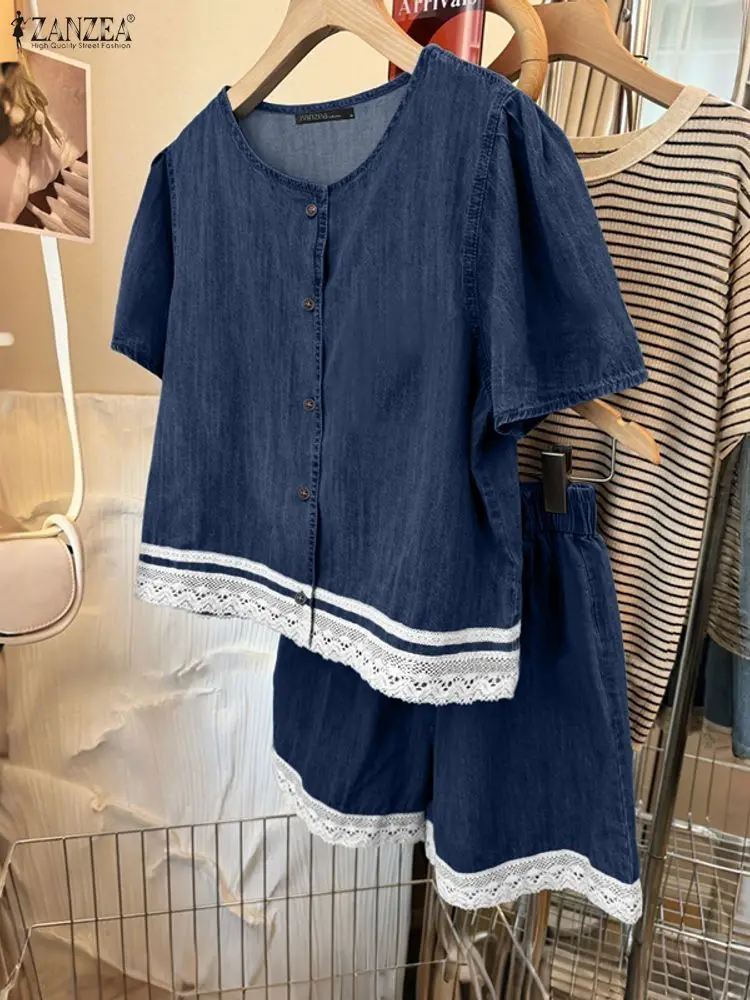 ZANZEA Fashion Denim-Like 2 Pieces Short Sets Summer O-Neck Short Sleeve Tops and Elastic Waist Shorts Lace Patchwork Outfits