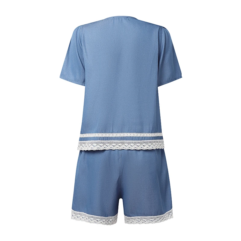 ZANZEA Fashion Denim-Like 2 Pieces Short Sets Summer O-Neck Short Sleeve Tops and Elastic Waist Shorts Lace Patchwork Outfits