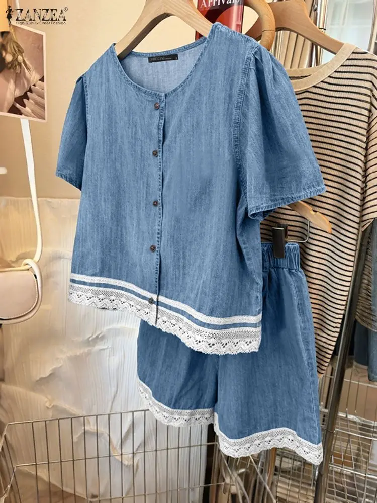 ZANZEA Fashion Denim-Like 2 Pieces Short Sets Summer O-Neck Short Sleeve Tops and Elastic Waist Shorts Lace Patchwork Outfits