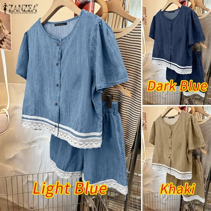 ZANZEA Fashion Denim-Like 2 Pieces Short Sets Summer O-Neck Short Sleeve Tops and Elastic Waist Shorts Lace Patchwork Outfits