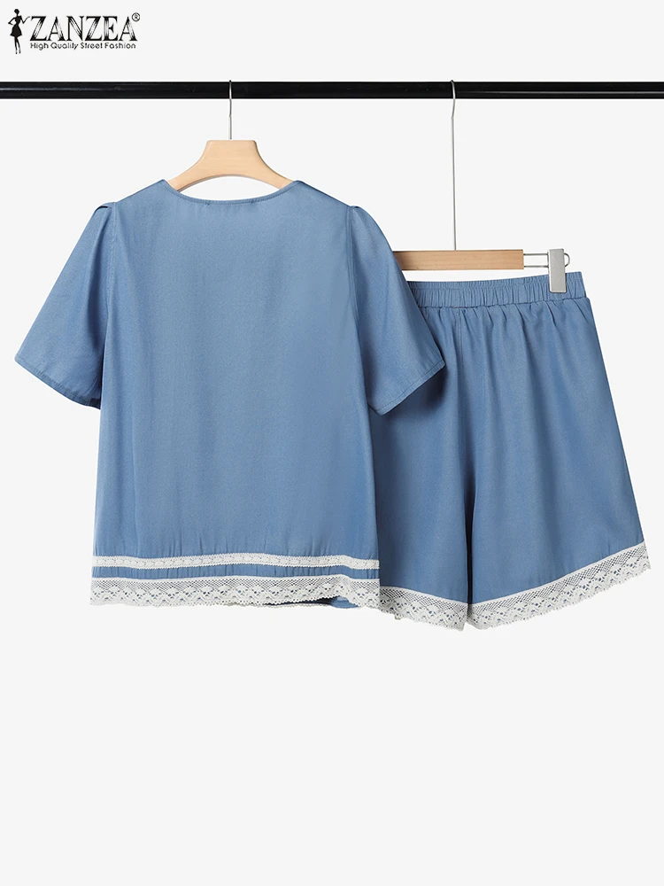 ZANZEA Fashion Denim-Like 2 Pieces Short Sets Summer O-Neck Short Sleeve Tops and Elastic Waist Shorts Lace Patchwork Outfits