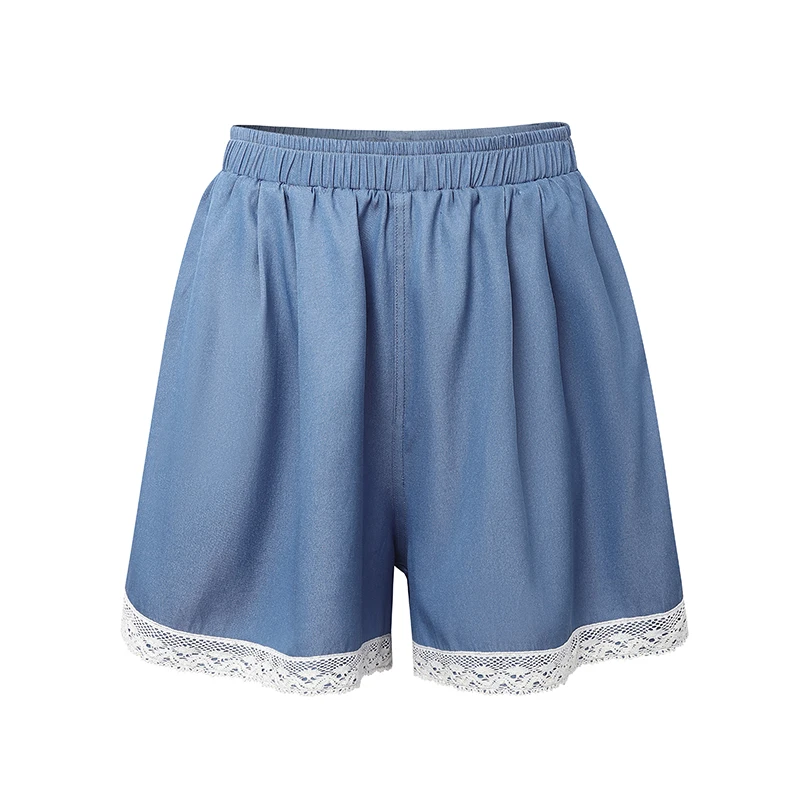 ZANZEA Fashion Denim-Like 2 Pieces Short Sets Summer O-Neck Short Sleeve Tops and Elastic Waist Shorts Lace Patchwork Outfits