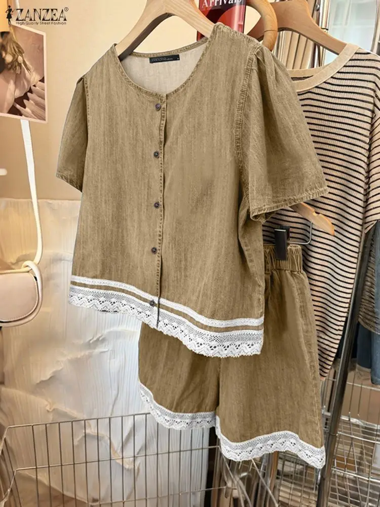 ZANZEA Fashion Denim-Like 2 Pieces Short Sets Summer O-Neck Short Sleeve Tops and Elastic Waist Shorts Lace Patchwork Outfits