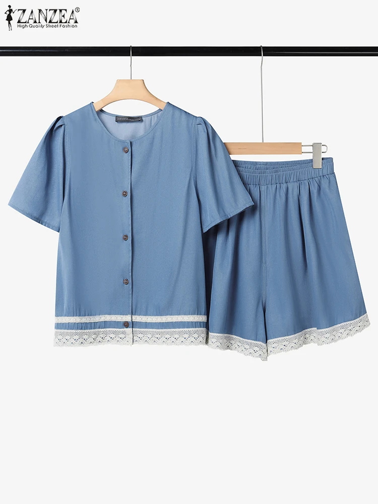 ZANZEA Fashion Denim-Like 2 Pieces Short Sets Summer O-Neck Short Sleeve Tops and Elastic Waist Shorts Lace Patchwork Outfits
