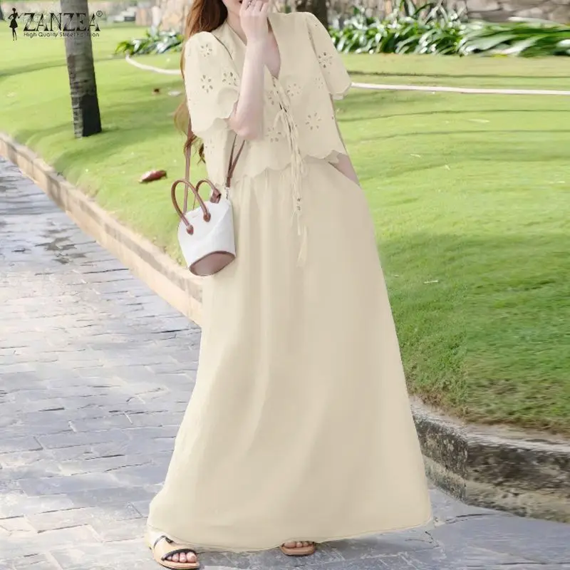 ZANZEA Women Casual 2 Pieces Skirt Sets Openwork Embroidered Tied Front Tops and Solid Color Long Skirts Suits Bohemian Outfits