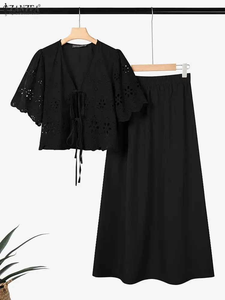 ZANZEA Women Casual 2 Pieces Skirt Sets Openwork Embroidered Tied Front Tops and Solid Color Long Skirts Suits Bohemian Outfits