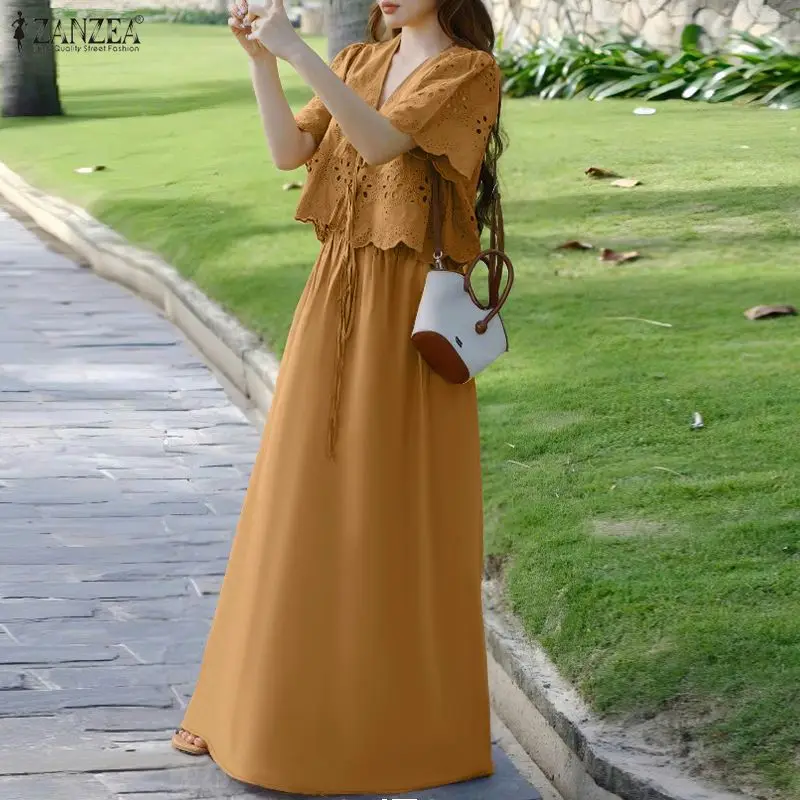 ZANZEA Women Casual 2 Pieces Skirt Sets Openwork Embroidered Tied Front Tops and Solid Color Long Skirts Suits Bohemian Outfits