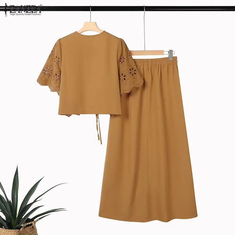 ZANZEA Women Casual 2 Pieces Skirt Sets Openwork Embroidered Tied Front Tops and Solid Color Long Skirts Suits Bohemian Outfits