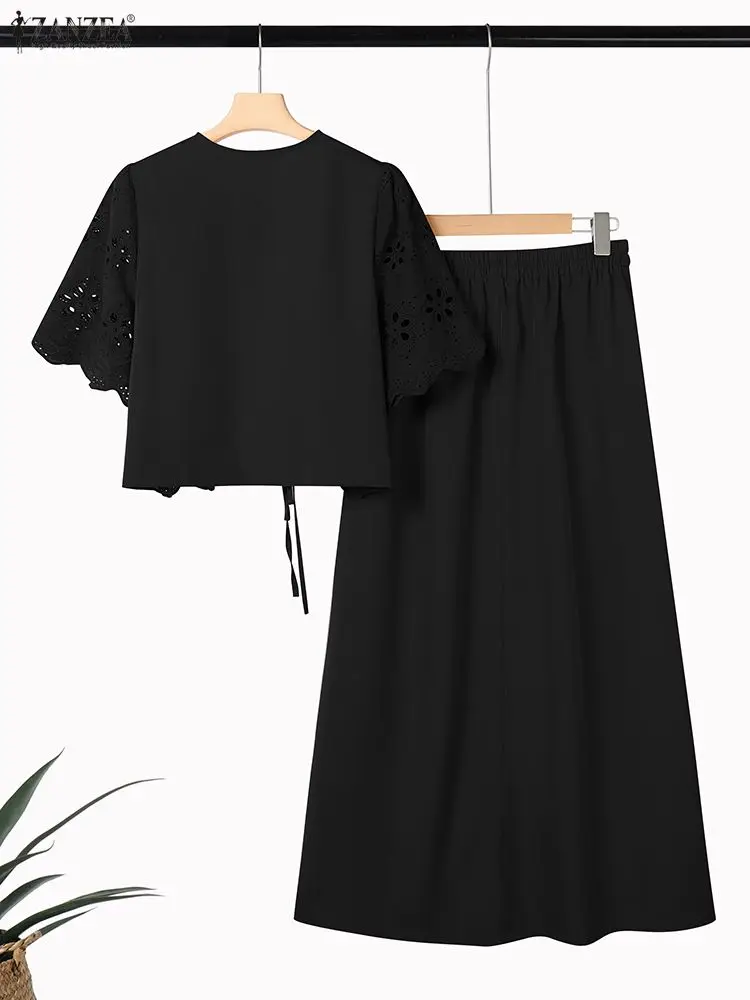 ZANZEA Women Casual 2 Pieces Skirt Sets Openwork Embroidered Tied Front Tops and Solid Color Long Skirts Suits Bohemian Outfits