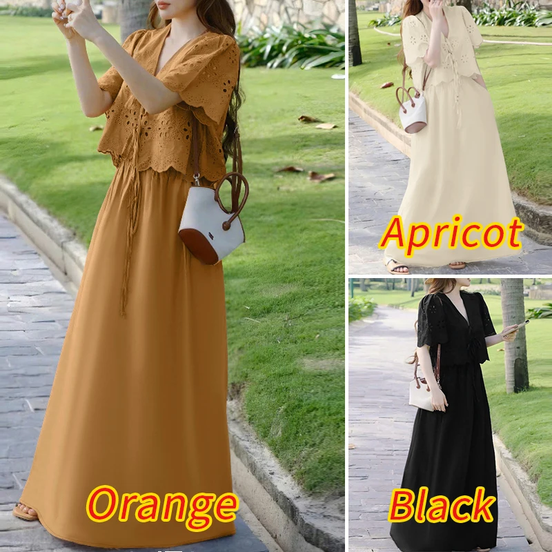 ZANZEA Women Casual 2 Pieces Skirt Sets Openwork Embroidered Tied Front Tops and Solid Color Long Skirts Suits Bohemian Outfits
