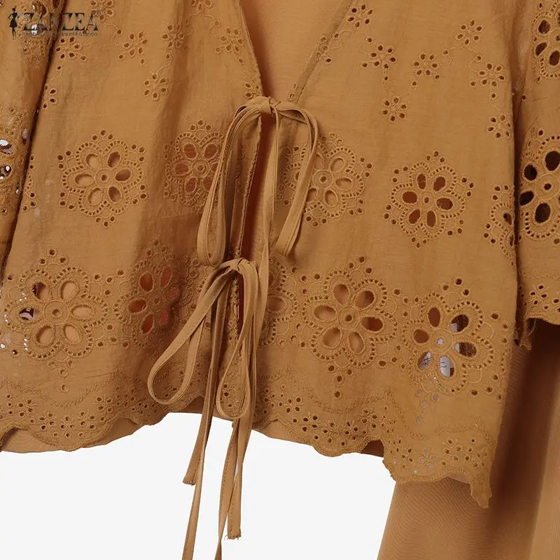 ZANZEA Women Casual 2 Pieces Skirt Sets Openwork Embroidered Tied Front Tops and Solid Color Long Skirts Suits Bohemian Outfits