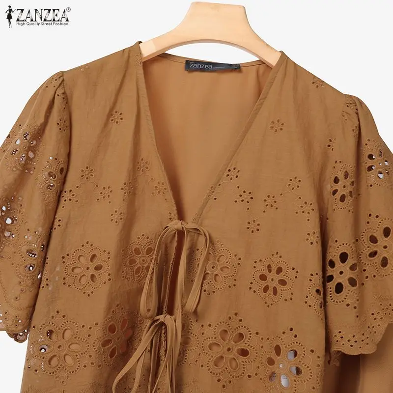 ZANZEA Women Casual 2 Pieces Skirt Sets Openwork Embroidered Tied Front Tops and Solid Color Long Skirts Suits Bohemian Outfits