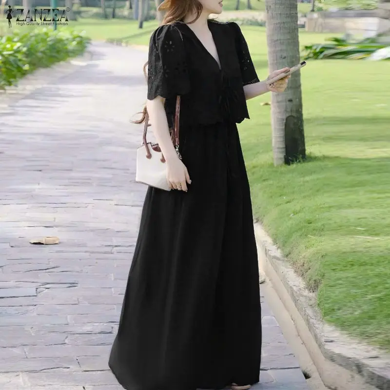 ZANZEA Women Casual 2 Pieces Skirt Sets Openwork Embroidered Tied Front Tops and Solid Color Long Skirts Suits Bohemian Outfits