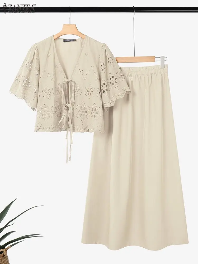 ZANZEA Women Casual 2 Pieces Skirt Sets Openwork Embroidered Tied Front Tops and Solid Color Long Skirts Suits Bohemian Outfits