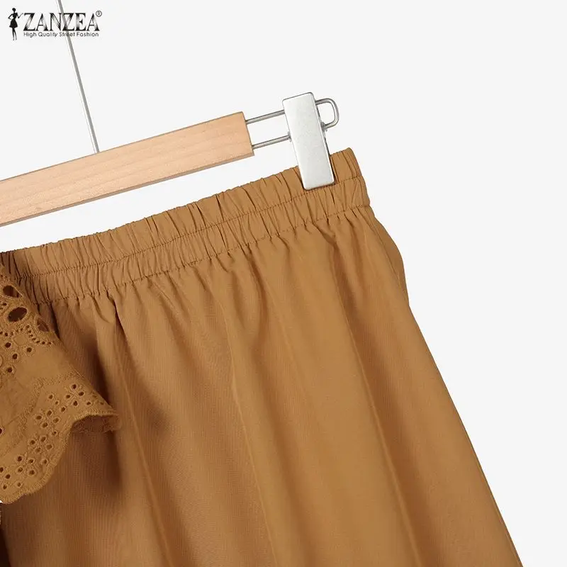 ZANZEA Women Casual 2 Pieces Skirt Sets Openwork Embroidered Tied Front Tops and Solid Color Long Skirts Suits Bohemian Outfits